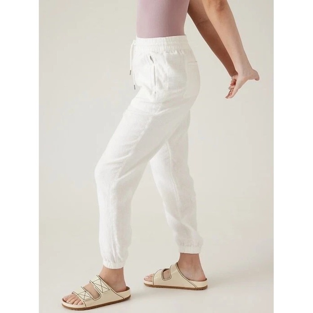 Athleta Retreat 100% Linen Jogger Pants White Resort Beach Zip Pockets Size 6 - Picture 13 of 14